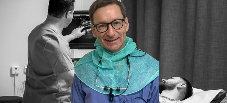 Bild på Joachim Starck som är inklippt framför en patient och en läkare som genomför en undersökning.