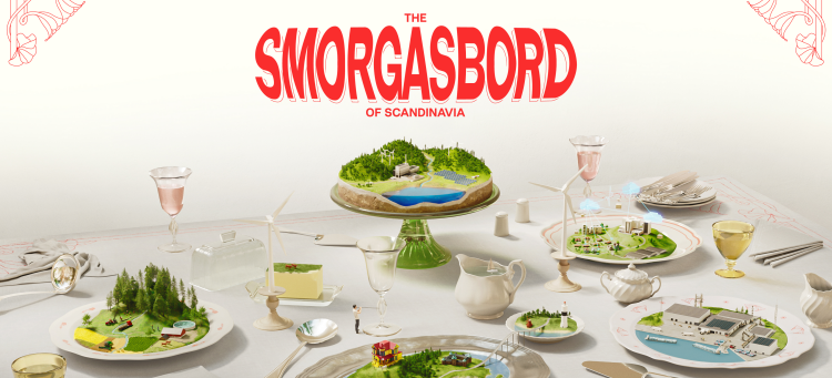 Grafisk illustration som visar ett uppdukat smörgåsbord med naturmiljöer från Kalmar län på tallrikarna.